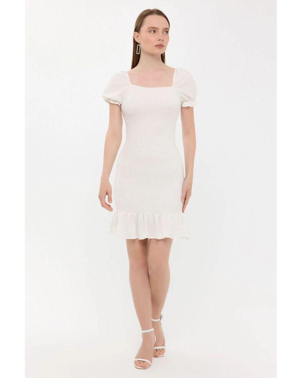 Hiccup White Ribbed Ruffled Square Neck Mini Dress With Balloon Sleeves