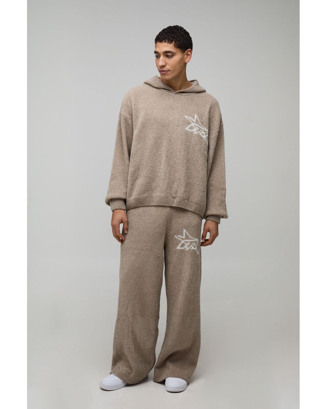 BoohooMAN Natural Oversized Boxy Hooded Boucle Knitted Tracksuit for men