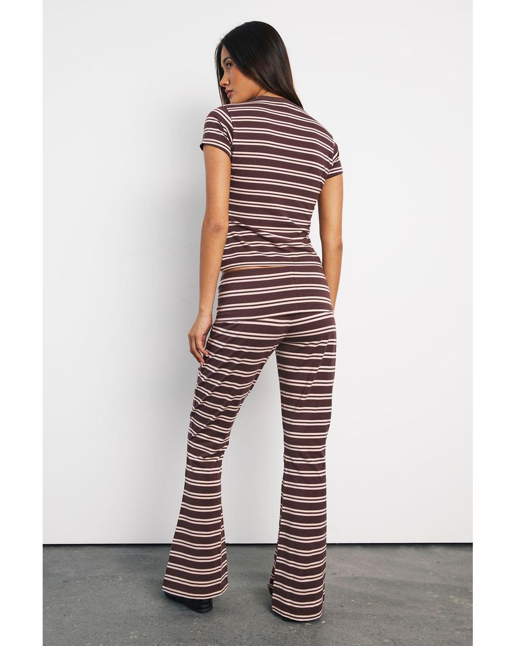Boohoo White Stripe Fold Over Waistband Flare Trousers