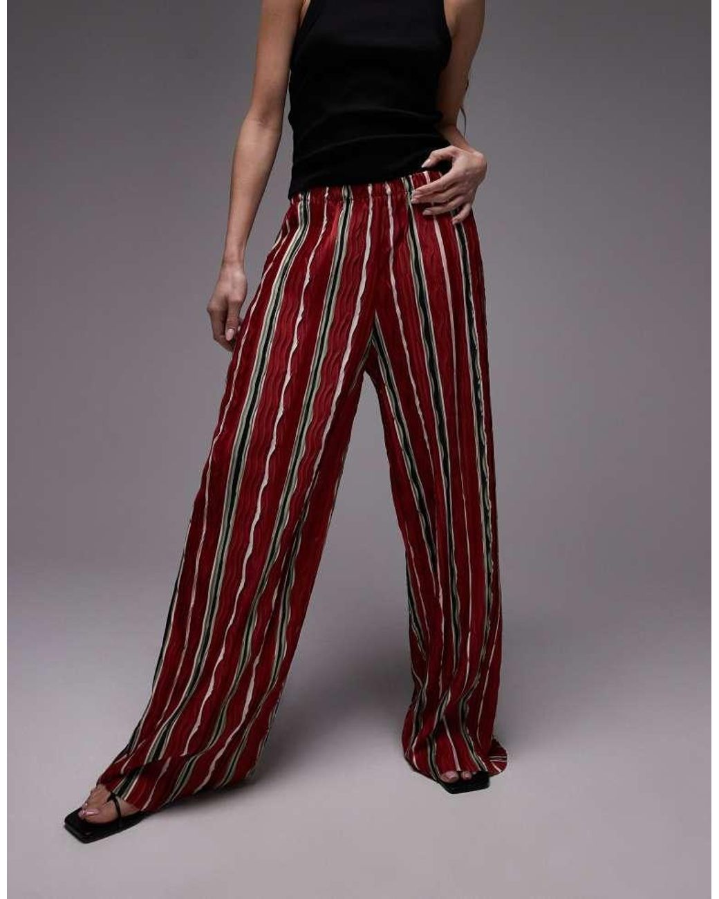 TOPSHOP Brown Stripe Plisse Wide Leg Trouser