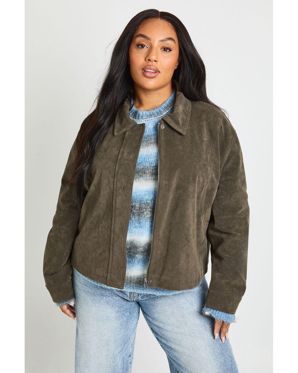 Boohoo Brown Plus Suede Collared Jacket