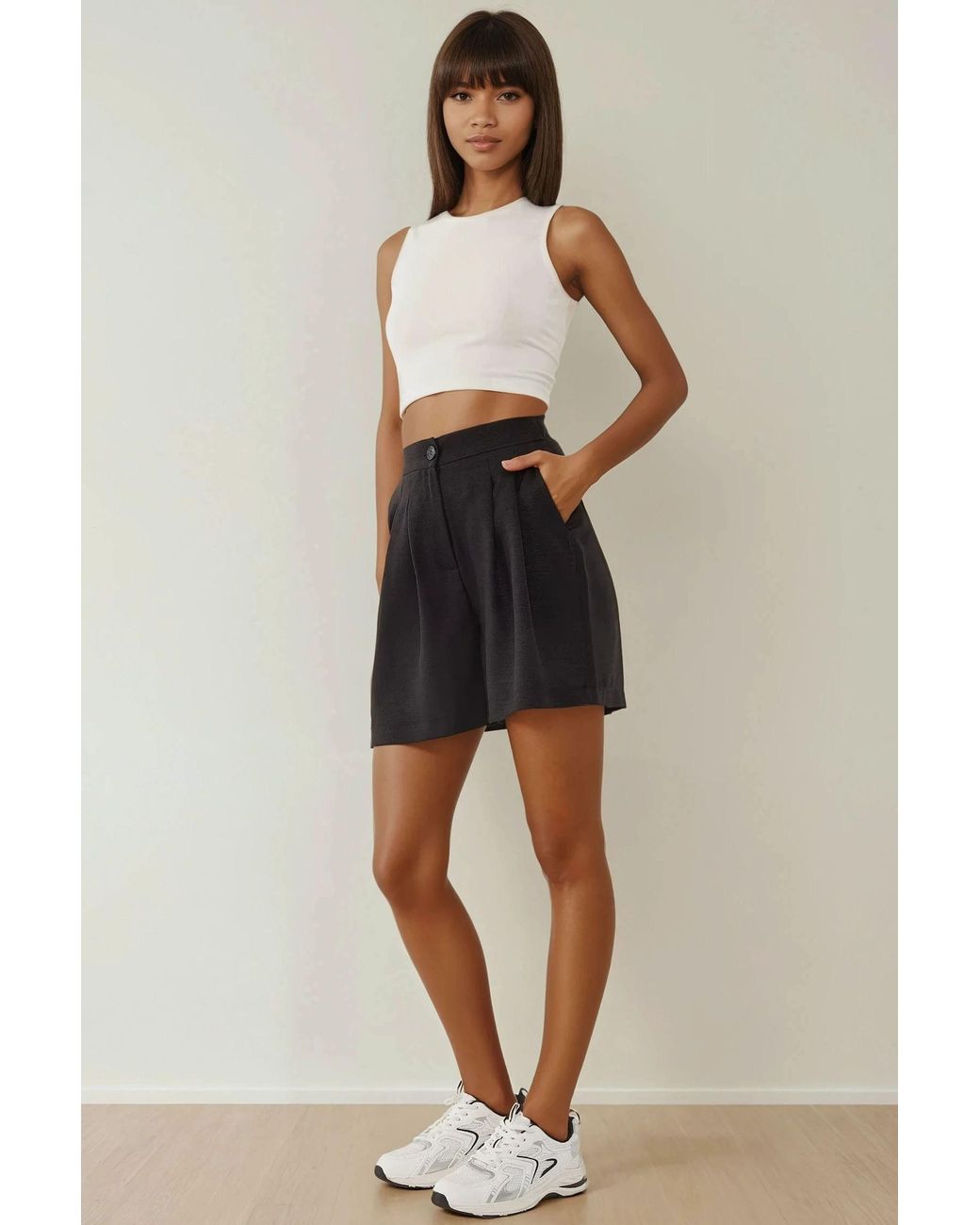 Hiccup Black High Waist Pleated Lyocell Soft Touch Shorts