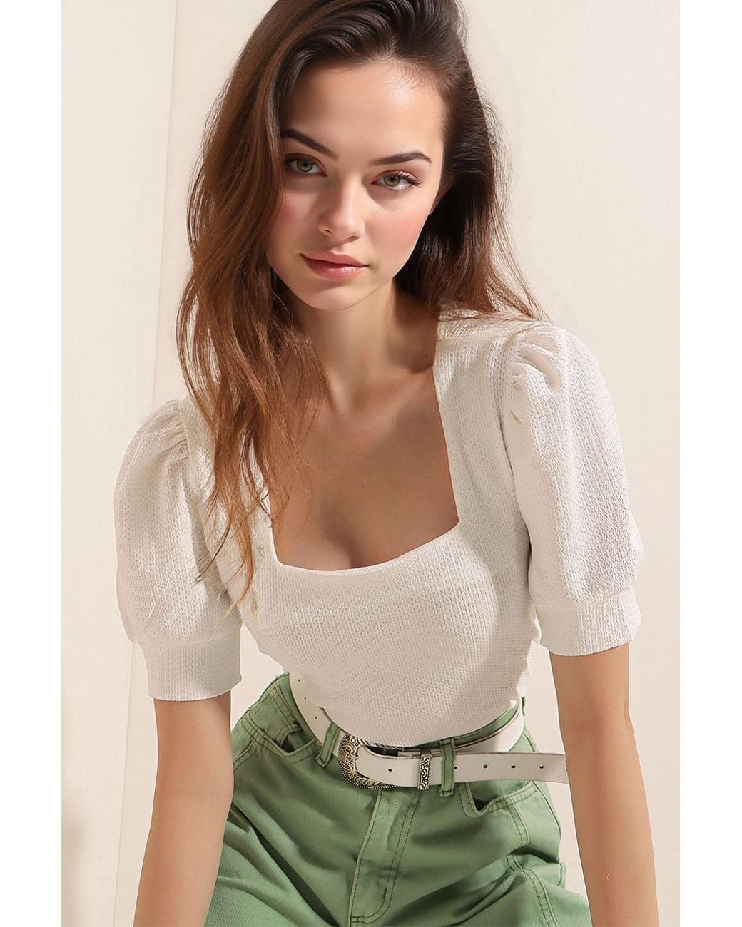 Bigdart White Slim Fit Square Collar Blouse