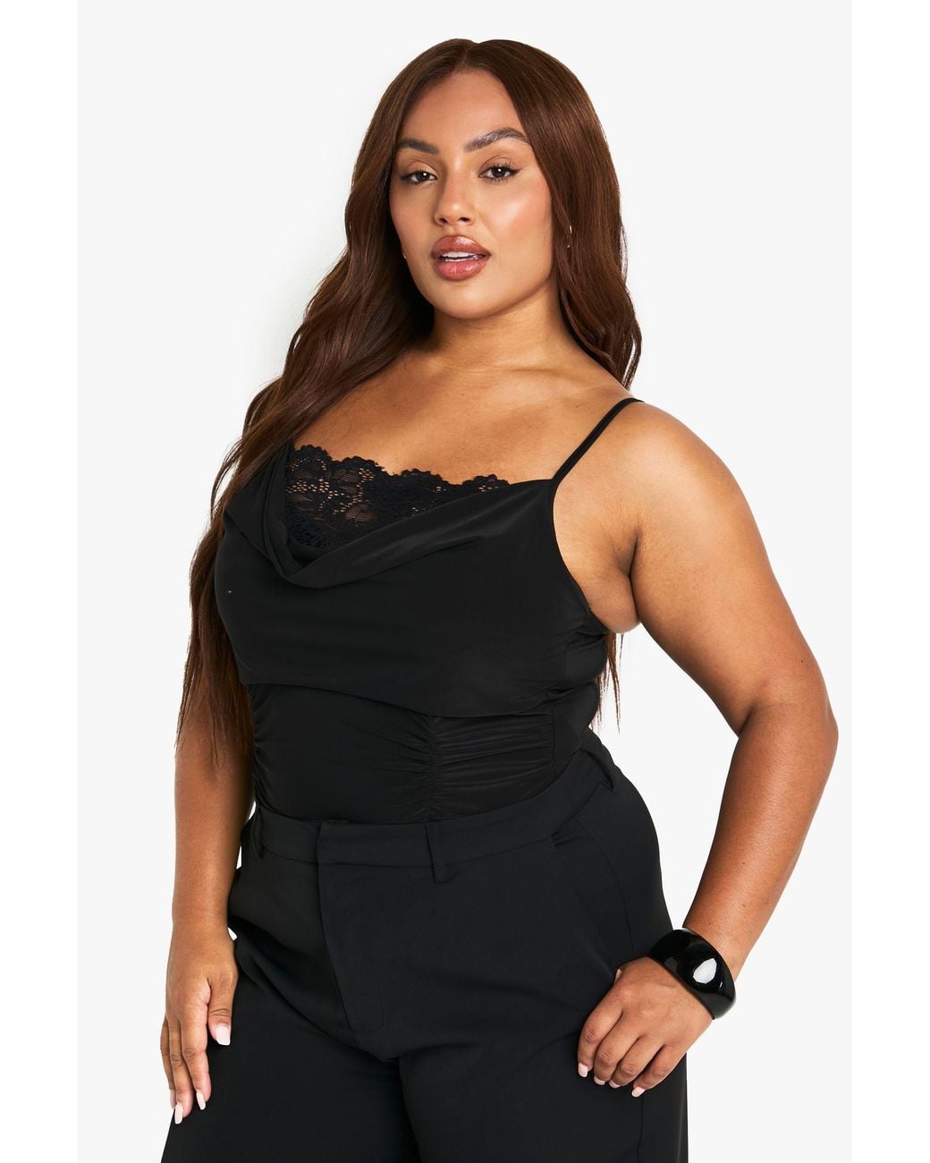 Boohoo Black Plus Lace Insert Slinky One Piece