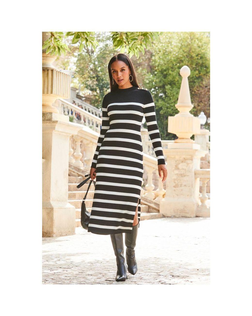 Sosandar Metallic Stripe Button Detail Rib Knit Midi Dress