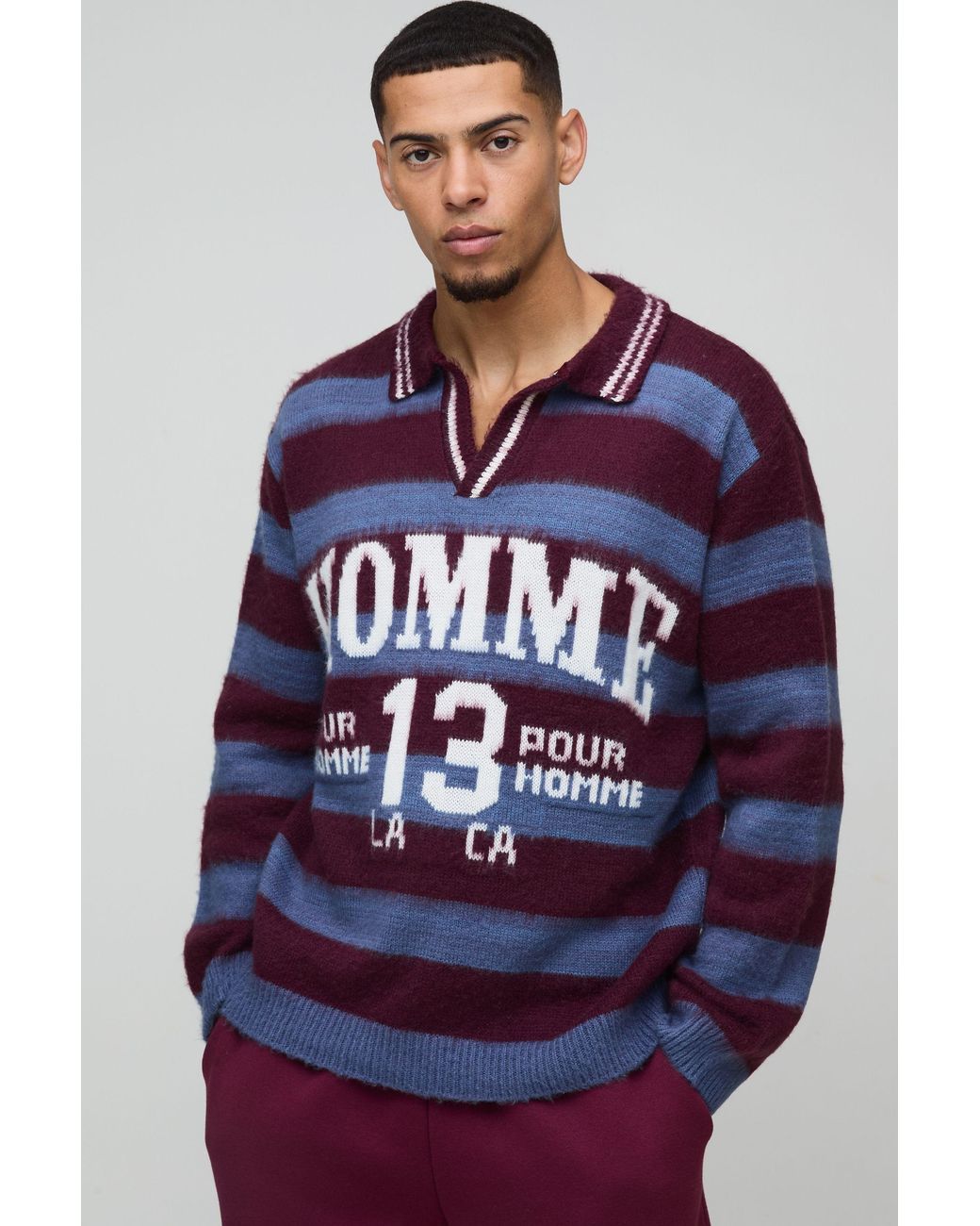 BoohooMAN Blue Homme Oversized V Neck Brushed Striped Knitted Polo for men