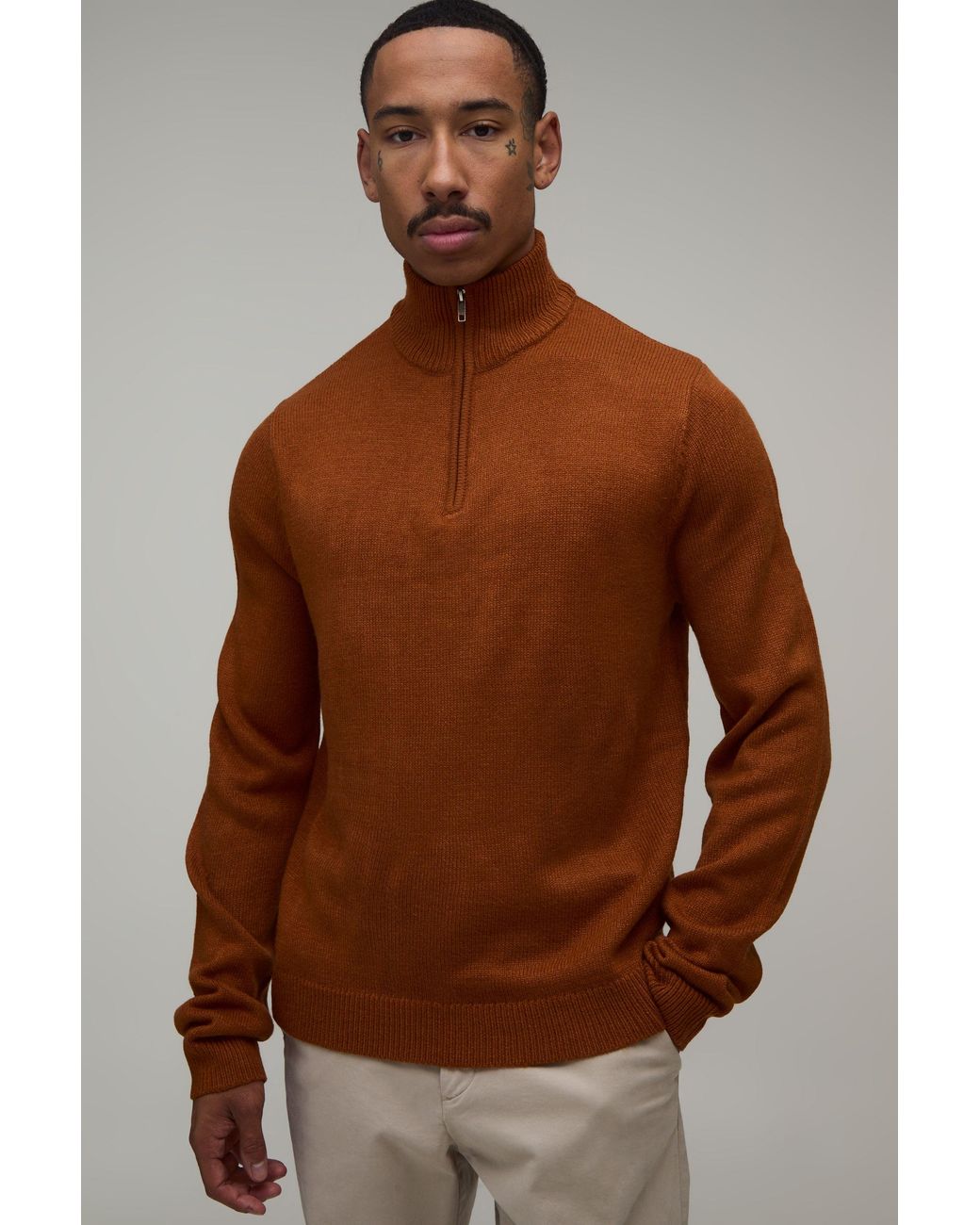 BoohooMAN Brown Regular Fit 1/4 Zip Knitted Jumper for men