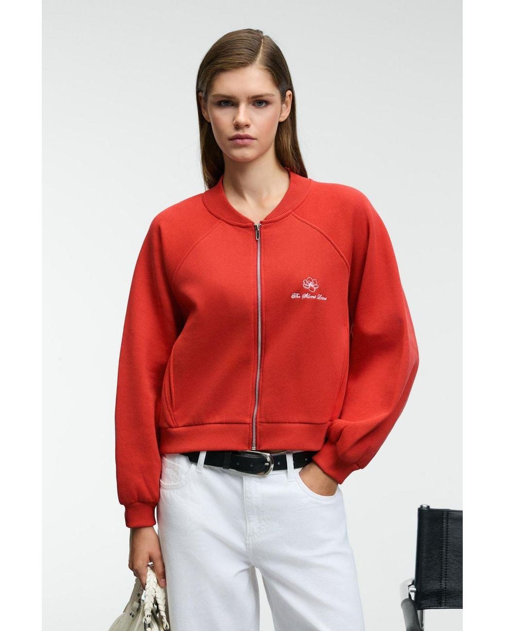 Grimelange Embroidered Mandarin Collar Zip Sweatshirt