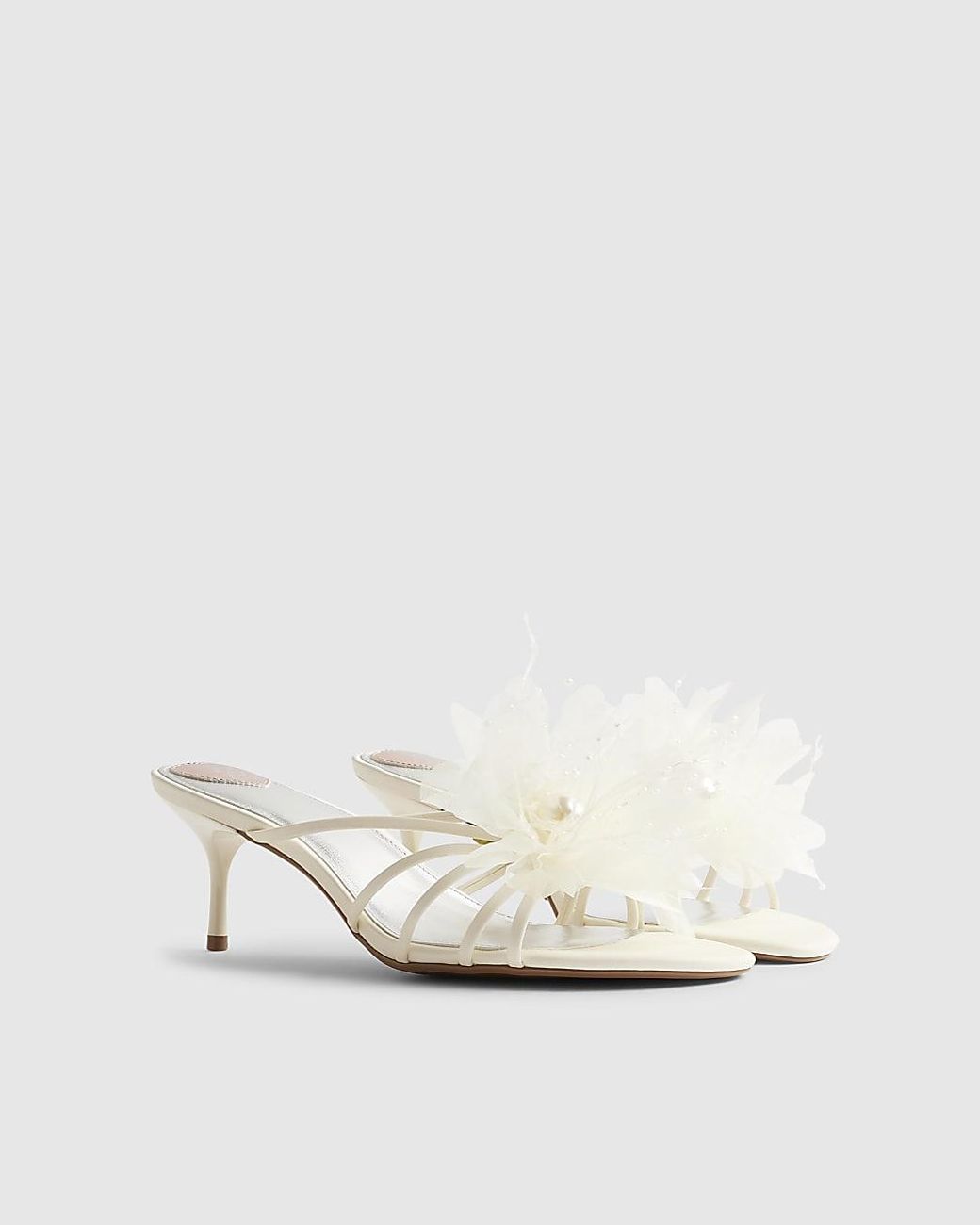 River Island Natural Mule Heels Cream Flower Trim Floral Shoes