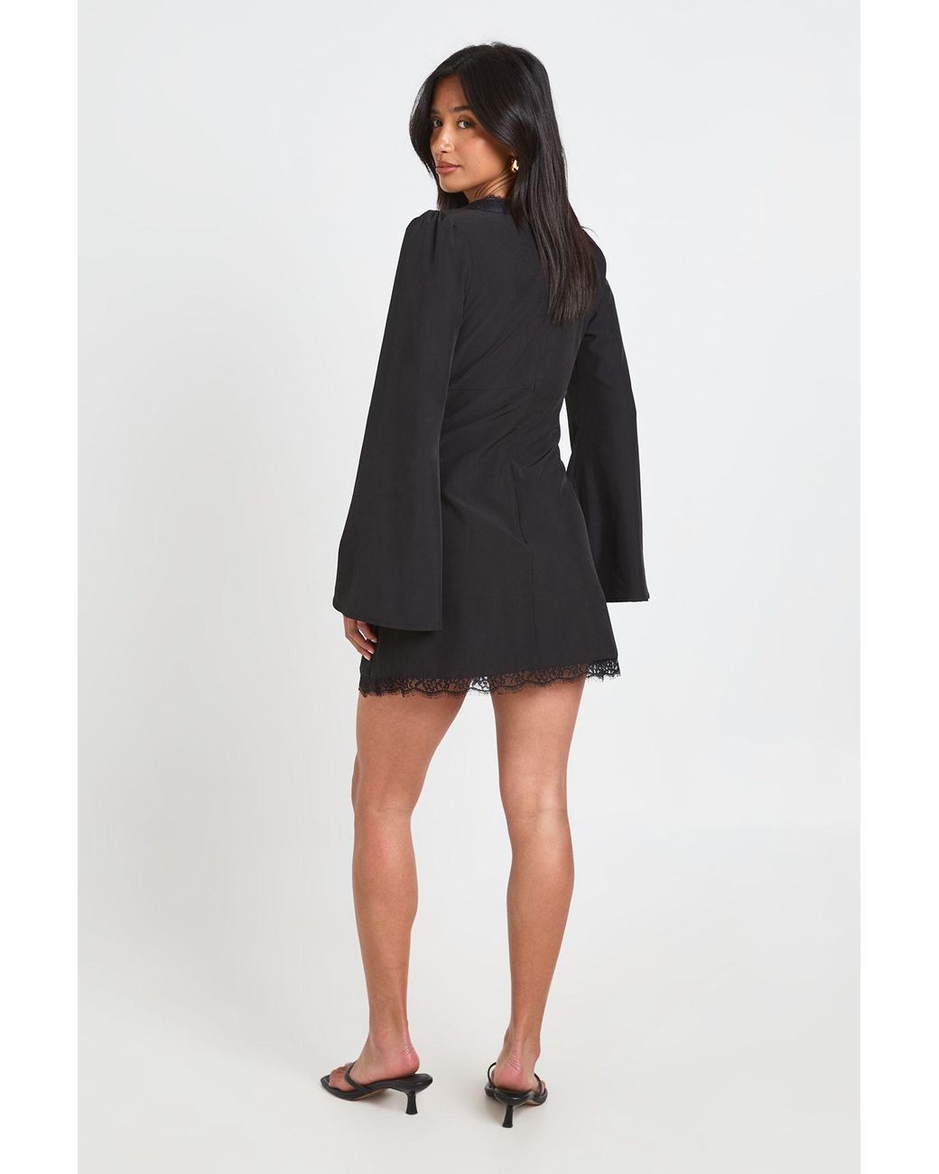 Boohoo Black Petite Flared Sleeve Lace Trim Mini Dress