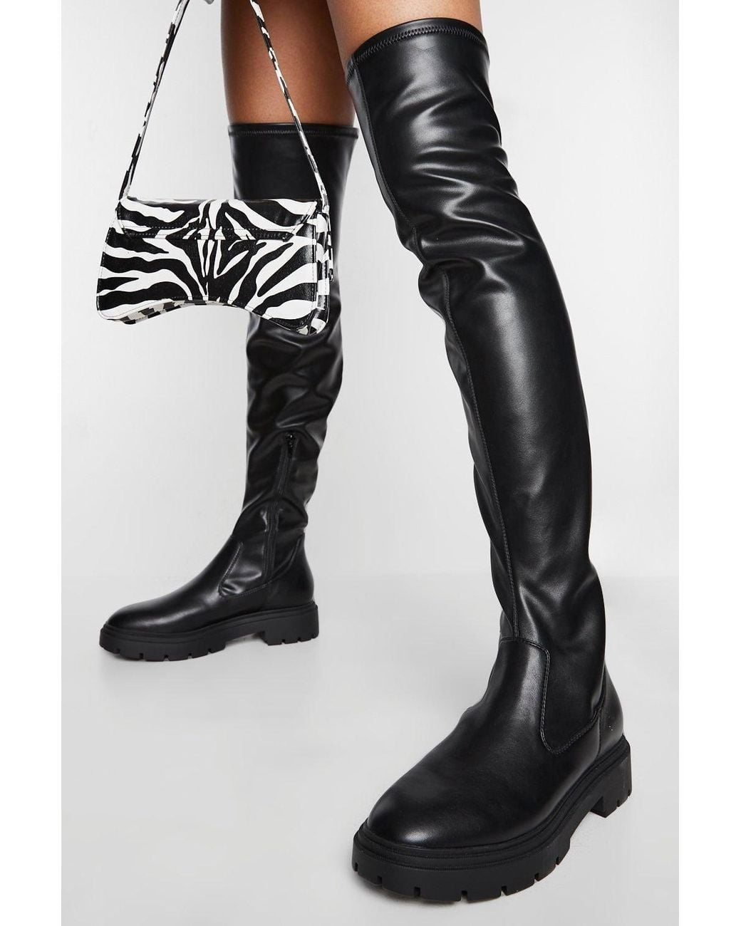 Boohoo Black Chunky Flat Over The Knee Boots