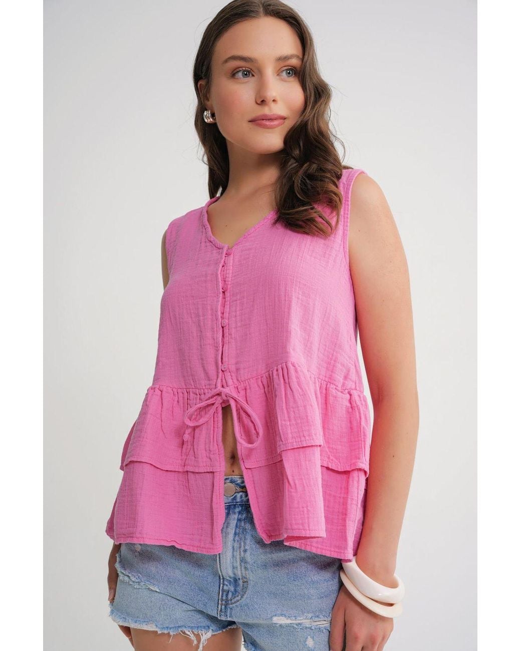 MixRay Pink V-Neck Buttoned Cotton Blouse