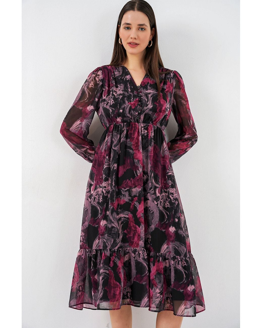Bigdart Red V-Neck Midi Dress With Button Closure