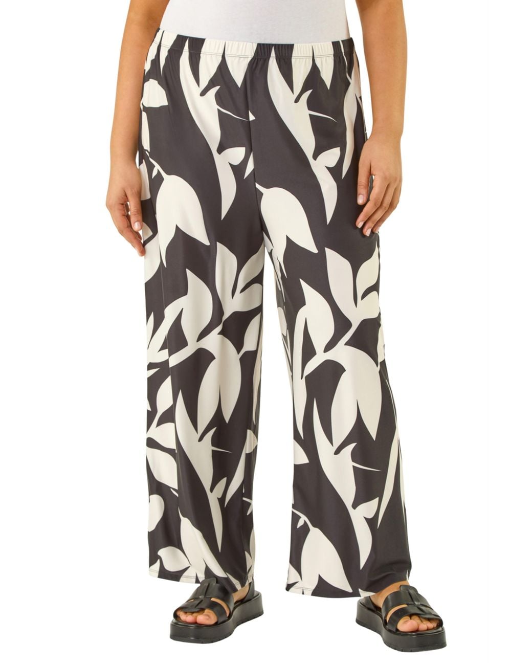 Roman Black Curve Leaf Print Stretch Trousers