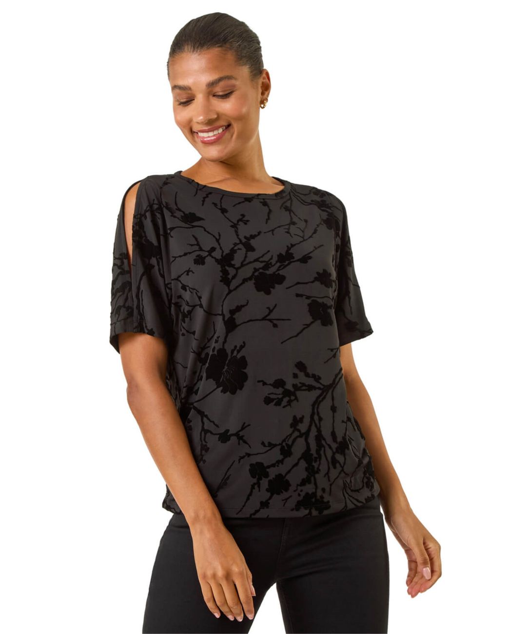 Roman Black Floral Flocked Stretch Top