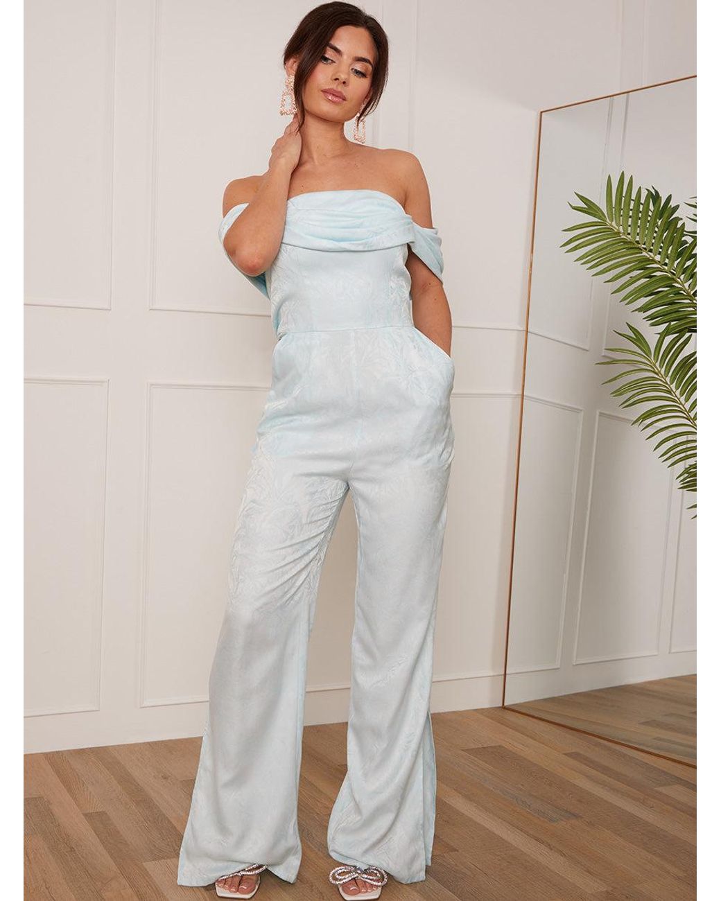 Chi Chi London Blue Petite Bardot Jacquard Jumpsuit