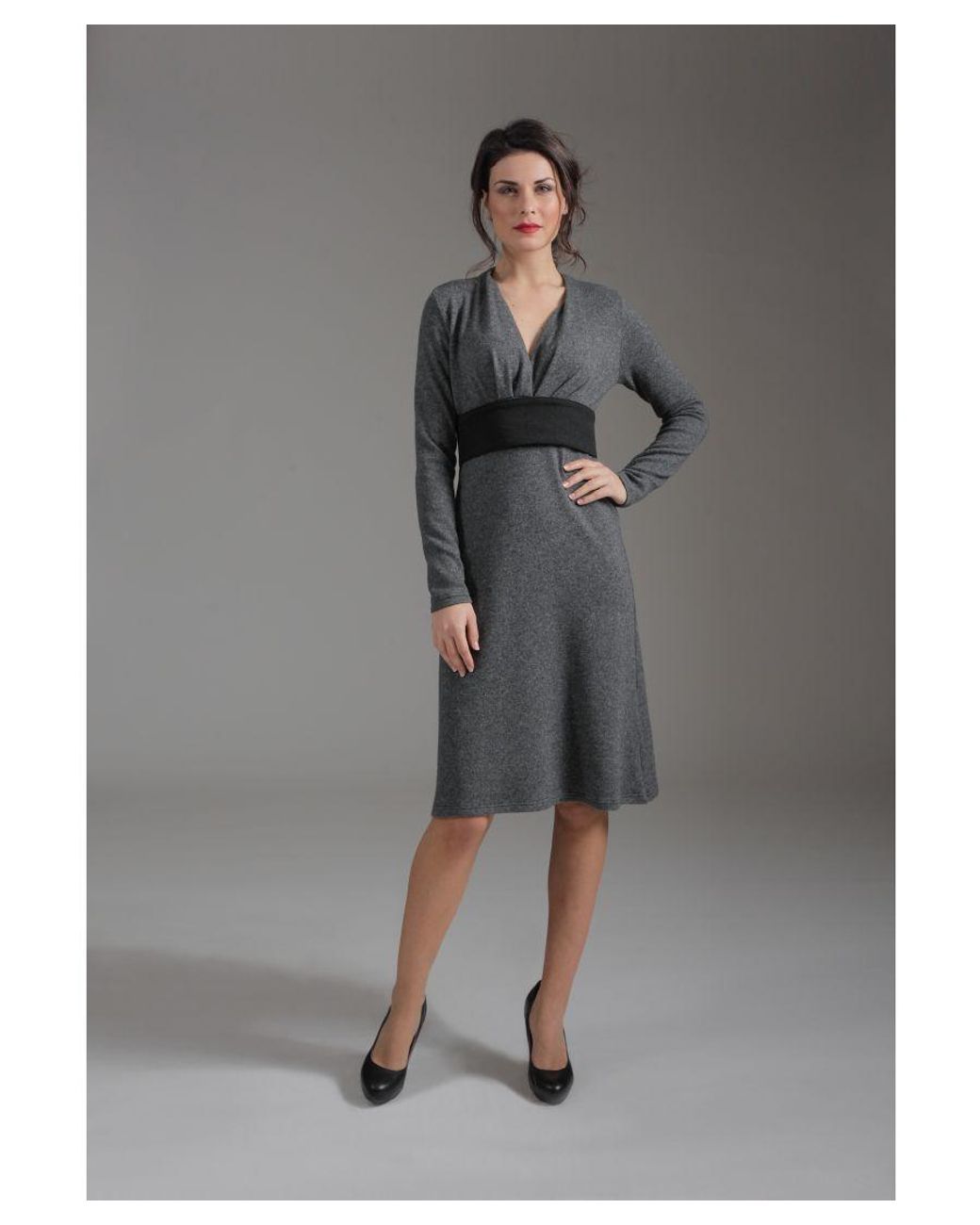 Conquista Gray Long Sleeve Empire Line Dress