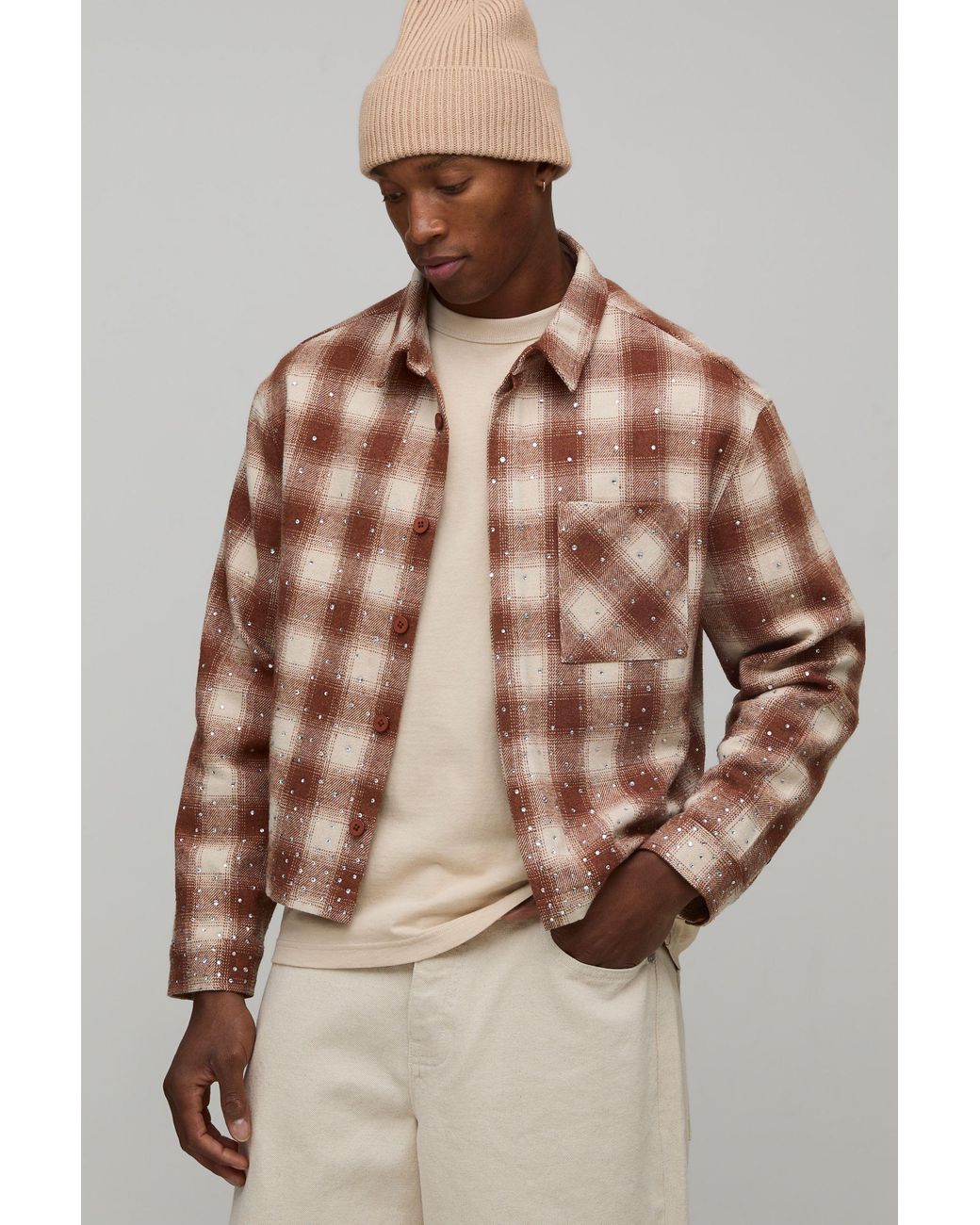 BoohooMAN Brown Boxy Crop Scatter Rhinestone Shirt for men