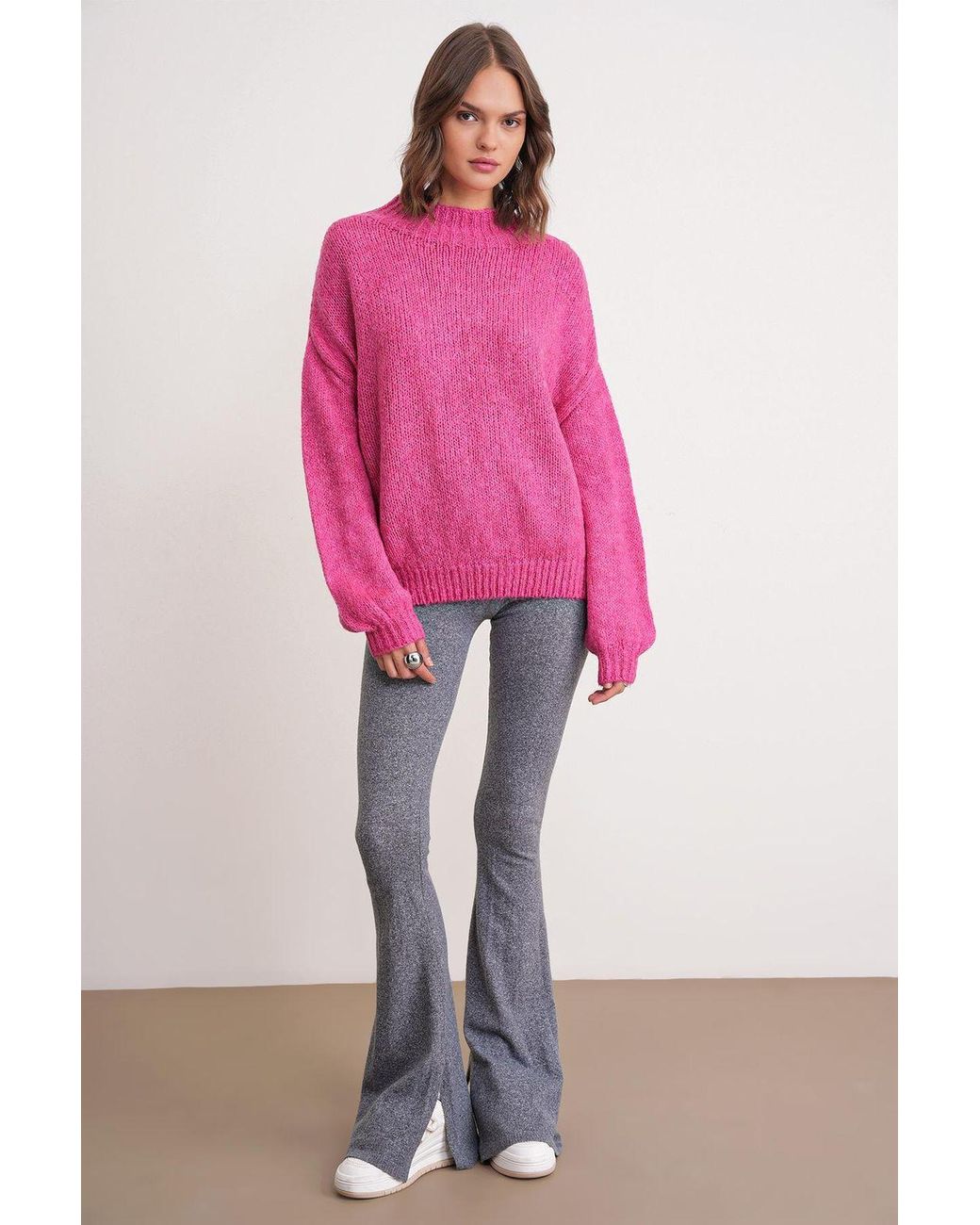 MixRay Pink Relaxed Fit Crew Neck Thick Knit Sweater