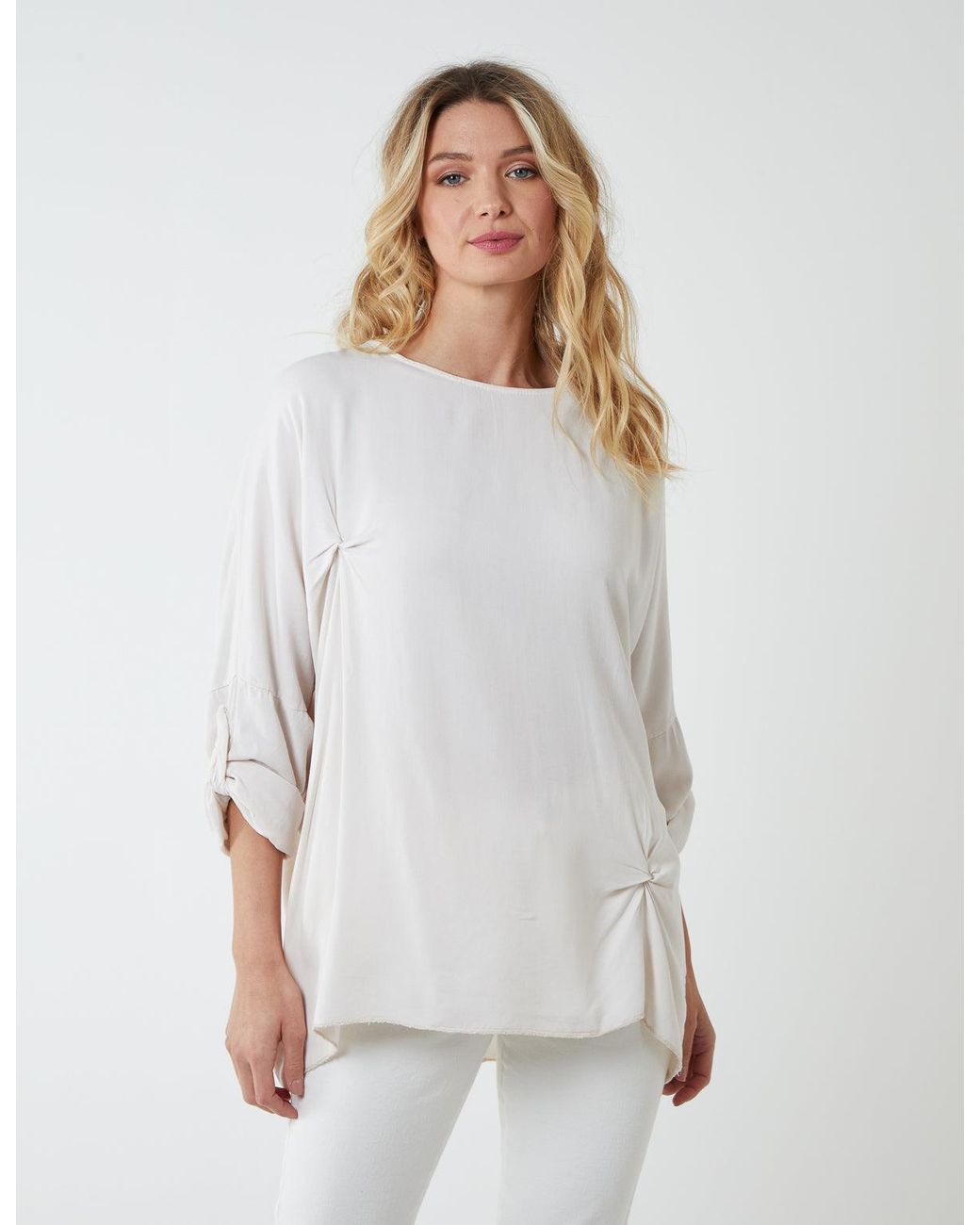 Blue Vanilla Gray Double Twist Oversize Turn Back Sleeve Top