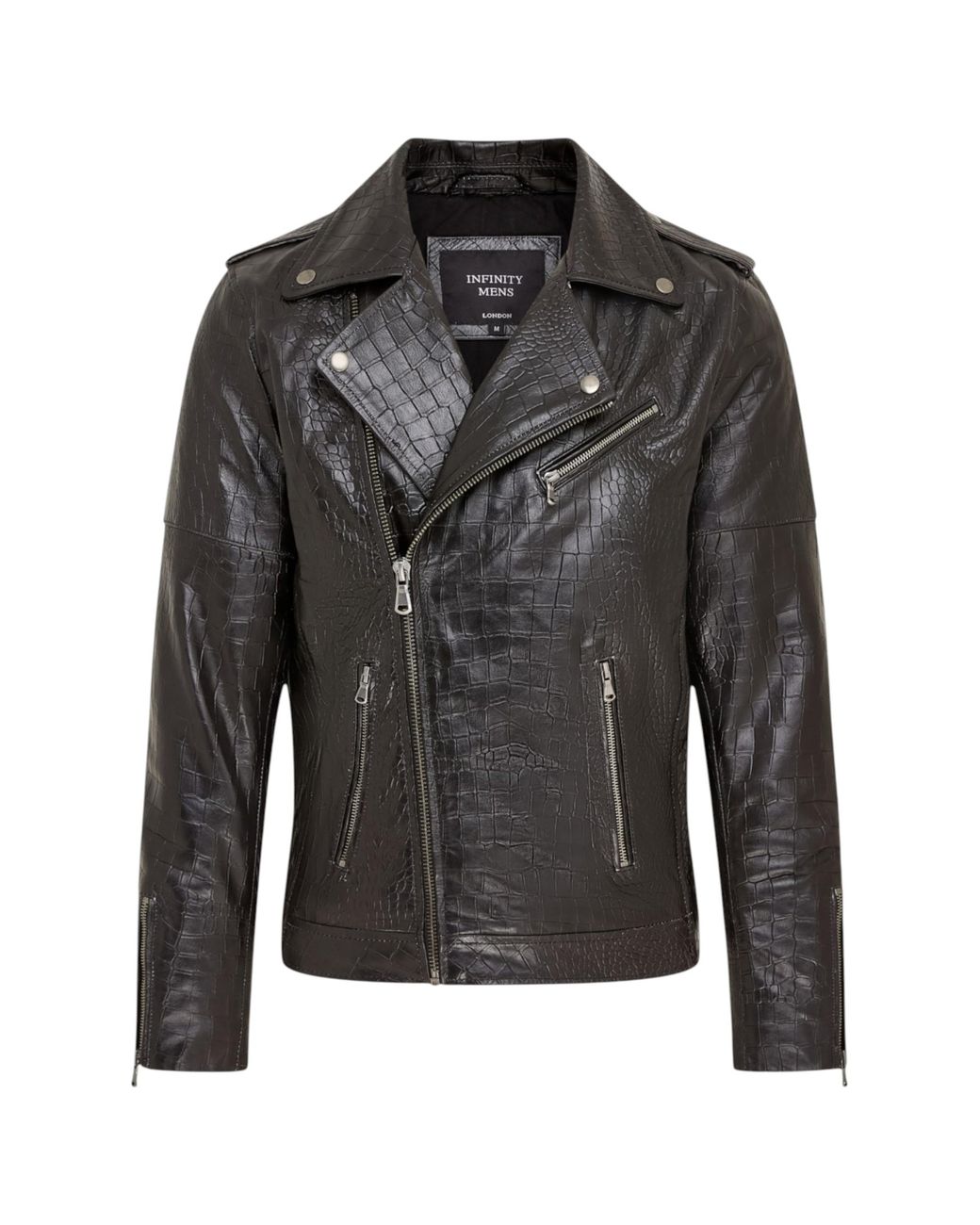 Infinity Leather Black Cow Alligator Print Embossed Biker Jacket for men