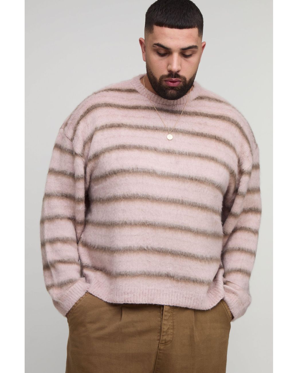 BoohooMAN Gray Plus Oversized Boxy Brushed Ombre Stripe Knitted Jumper for men