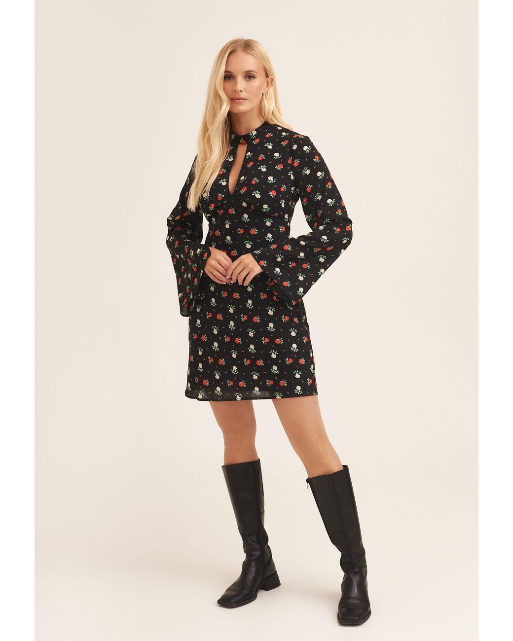 Gini London Black Rose Print Flared Sleeve Mini Dress With Cut Out