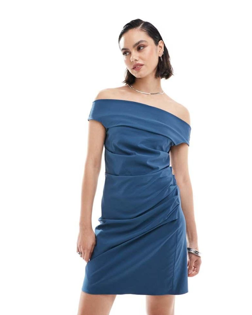 ASOS Blue Bengaline Off Shoulder Mini Dress
