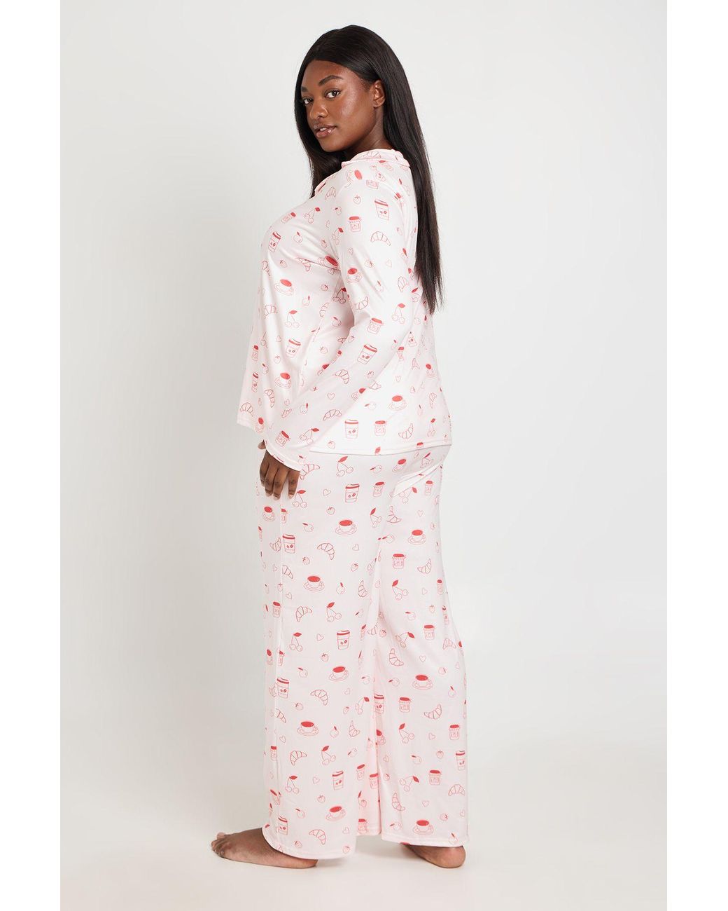 Boohoo Pink Plus Croissant And Jam Long Sleeve And Trouser Pyjama Set