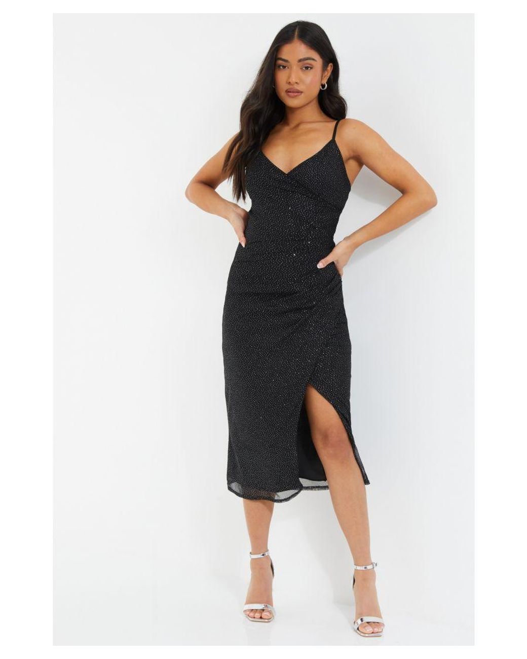 Petite Black Glitter Wrap Midi Dress