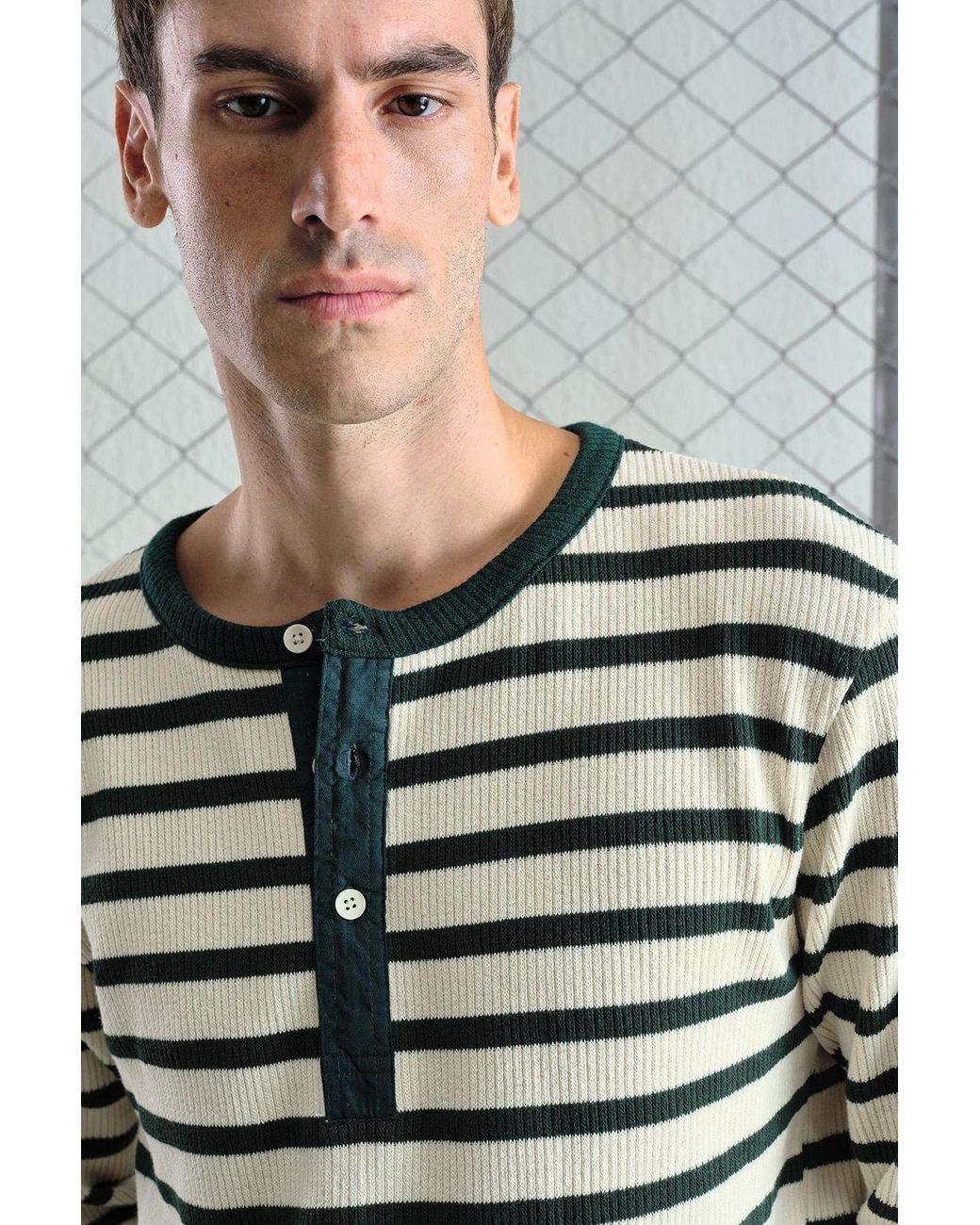 Giesto Gray Striped Long Sleeve Crew Neck T-Shirt With Button Detail for men