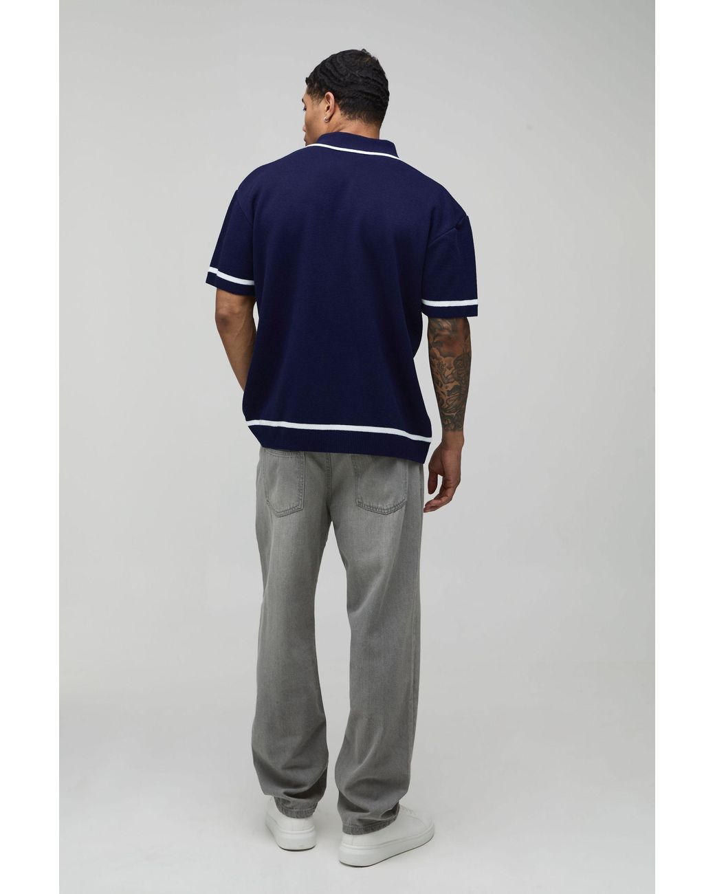 BoohooMAN Blue Essential Relaxed Fit Contrast Tip Knit Polo for men