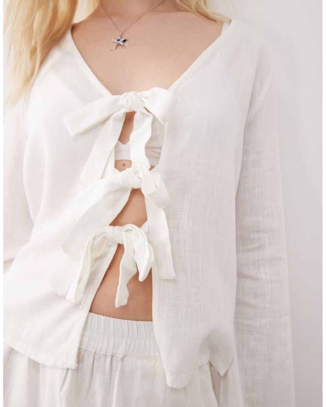 Noisy May Natural Linen Mix Tie Front Top Co-Ord