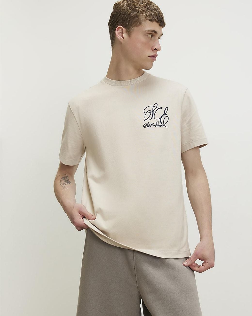 River Island Natural T-Shirt Regular Fit Cotton Anchor for men