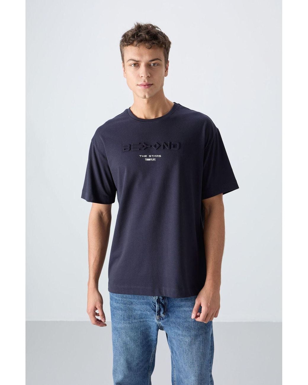 TOMMY LIFE Blue Oversized Cotton- Logo T-Shirt for men