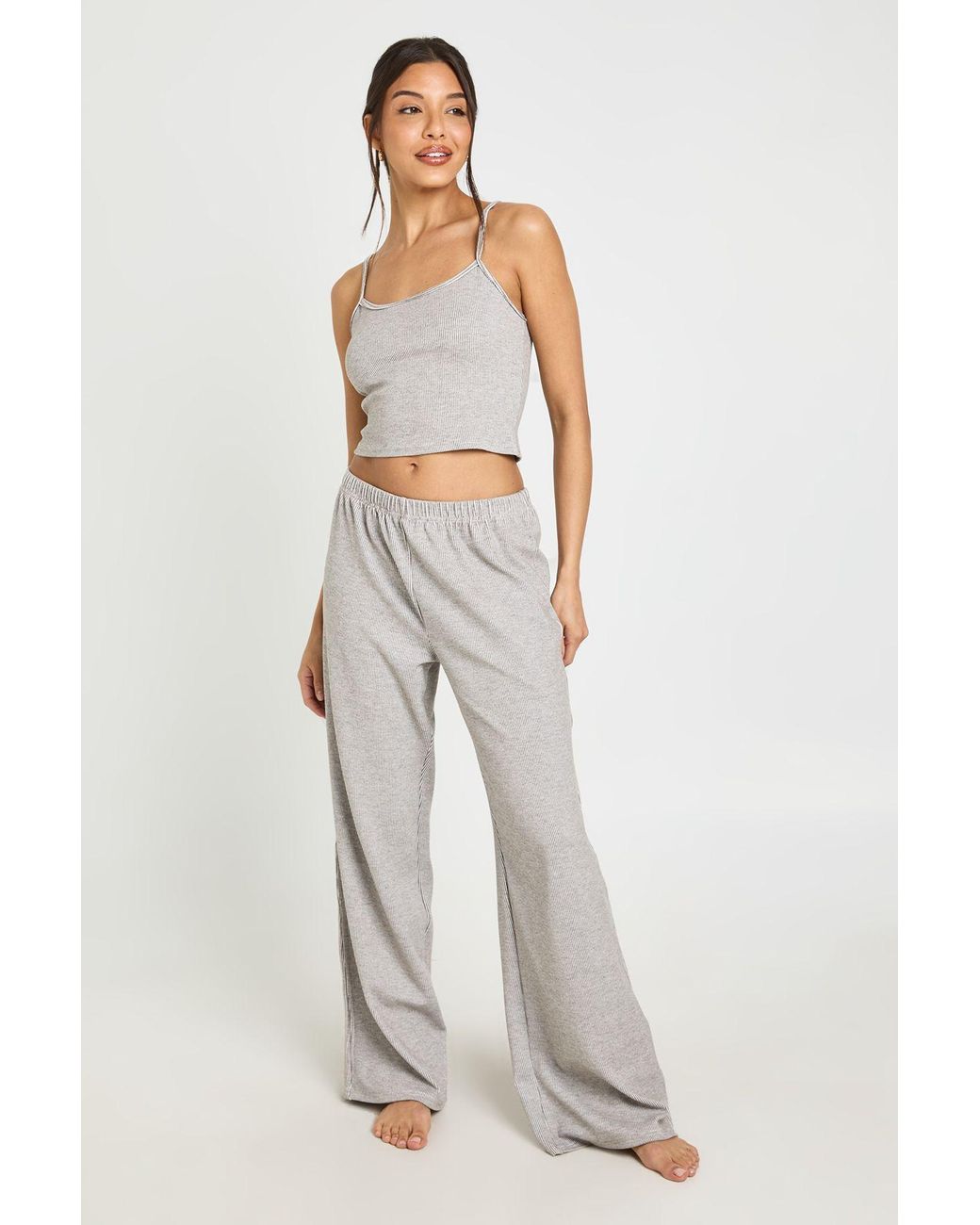 Boohoo White Contrast Rib Cami & Trouser Pyjama Set