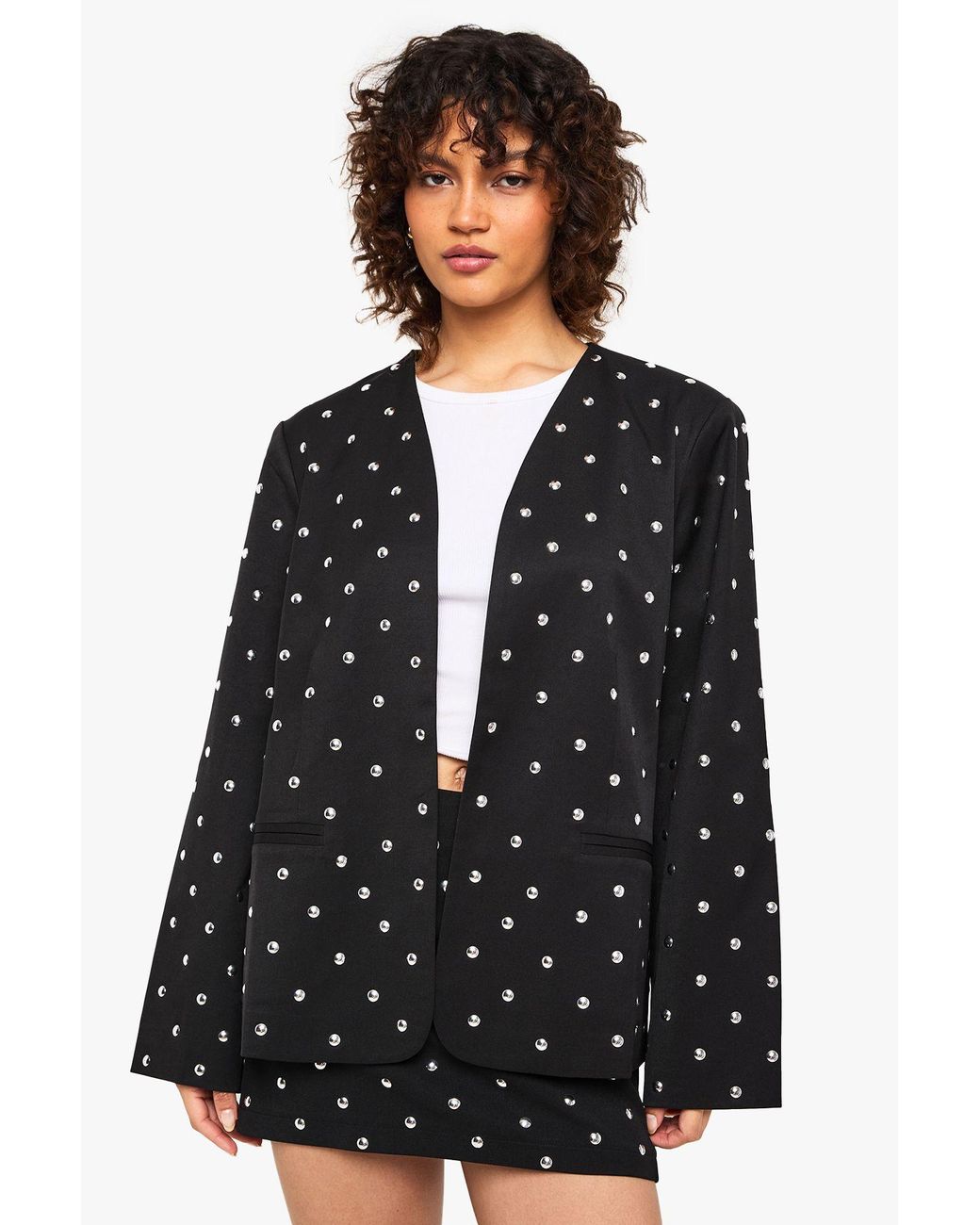 Boohoo Black Studded Collarless Oversized Blazer