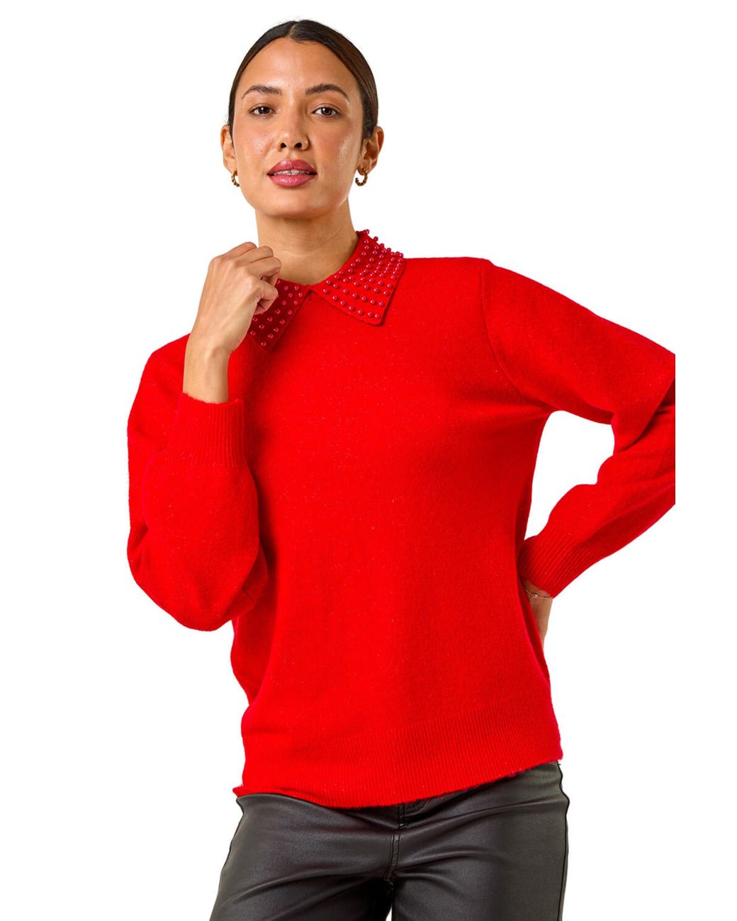 Roman Red Faux Pearl Collar Jumper