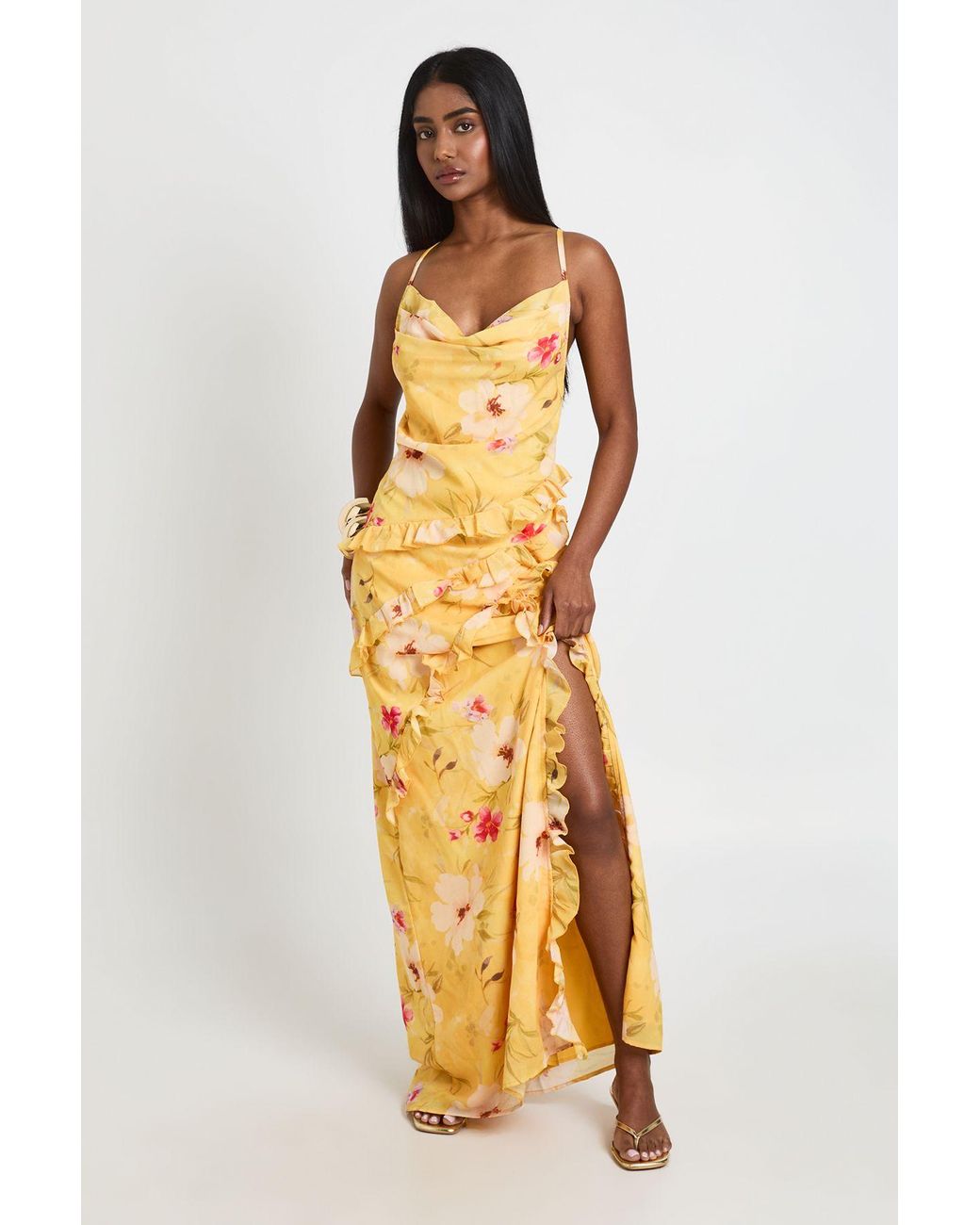 Boohoo Metallic Floral Chiffon Layered Ruffle Detail Maxi Dress