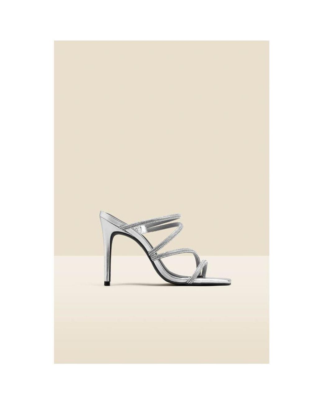 Sosandar Black Leather Diamante Strap Square Toe Sandal