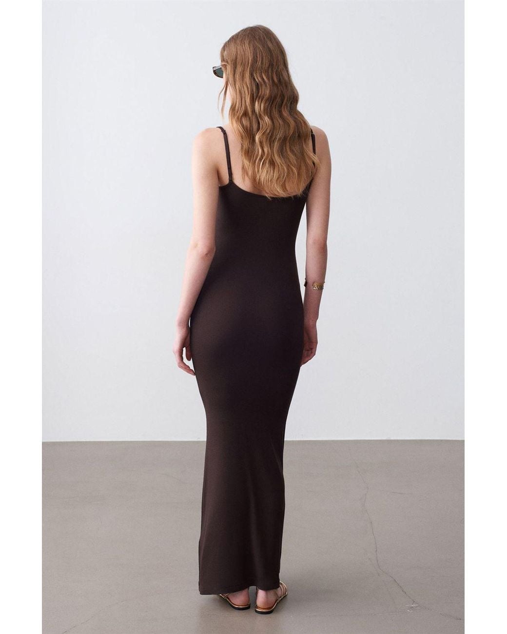 Dilvin Brown Ribbed Bodycon Maxi Dress