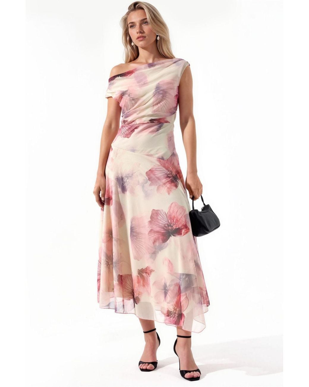 Hiccup Pink Floral A-Line Midi Dress With Asymmetrical Collar