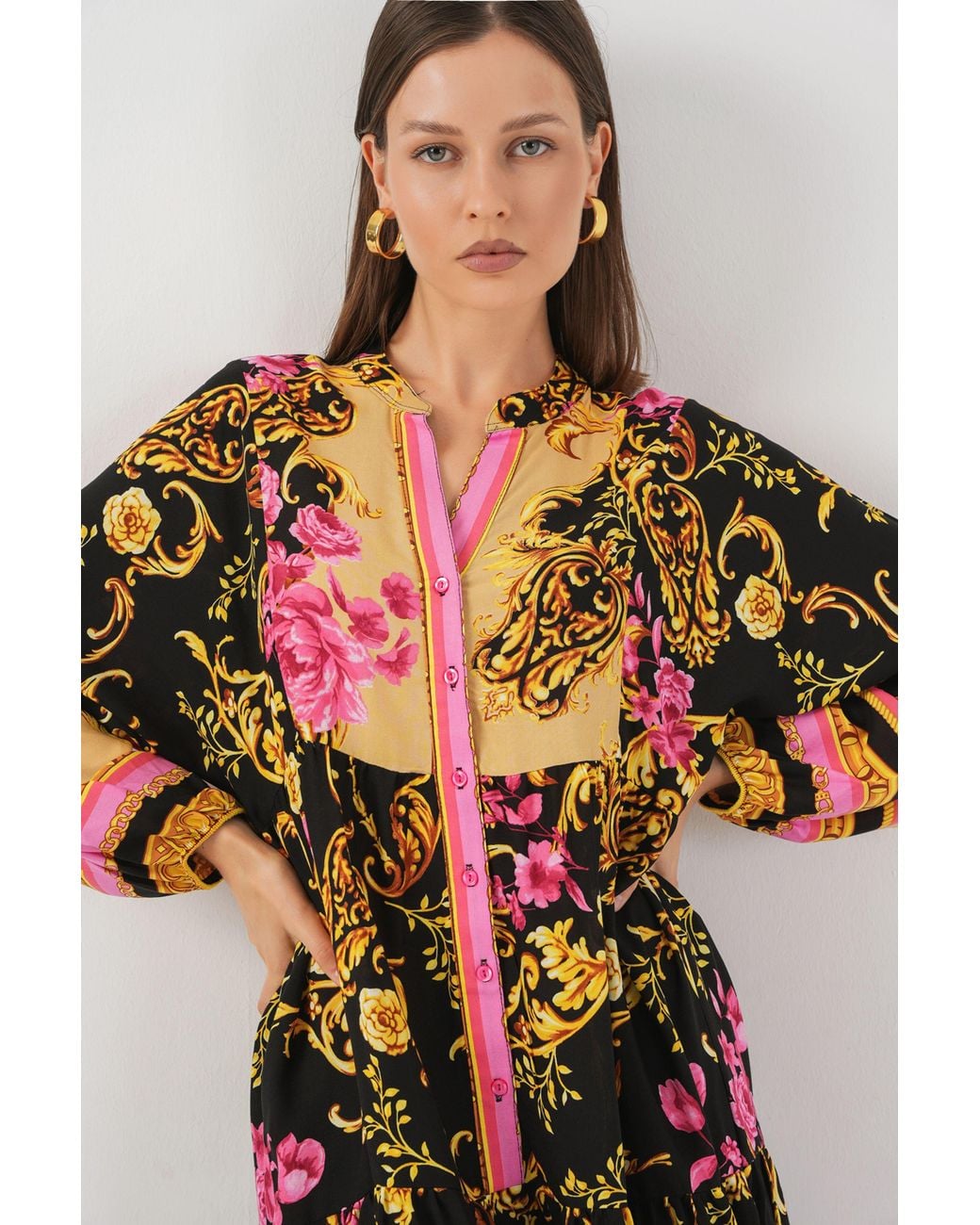 Bigdart Yellow Patterned V-Neck Maxi Dress
