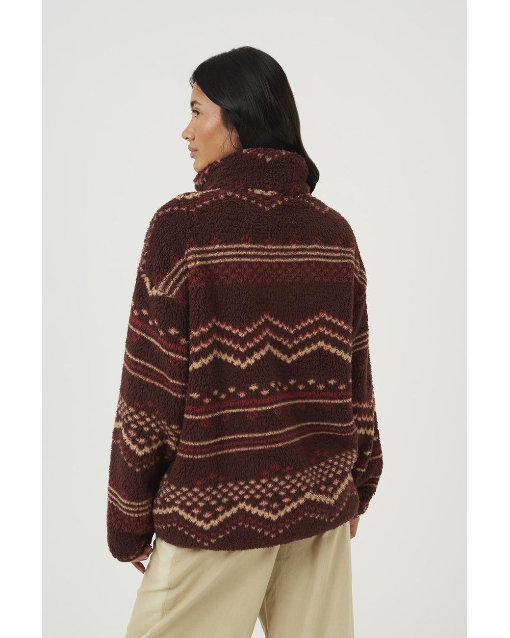 Brave Soul Brown Sherpa Fleece Geometric Print Sweatshirt