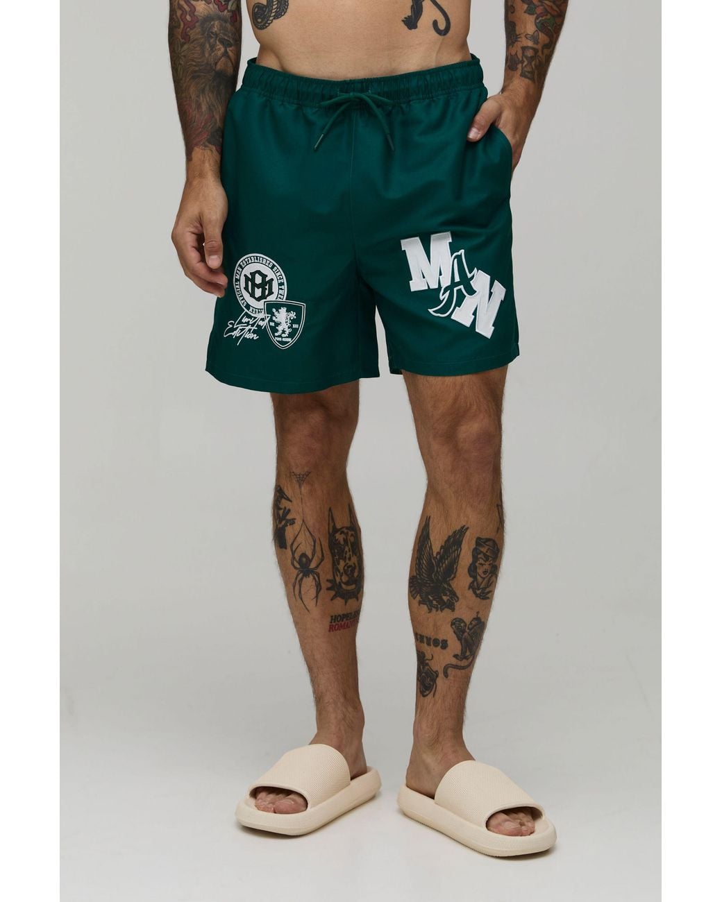 BoohooMAN Green Varsity Badge Mid Length Swim Short for men