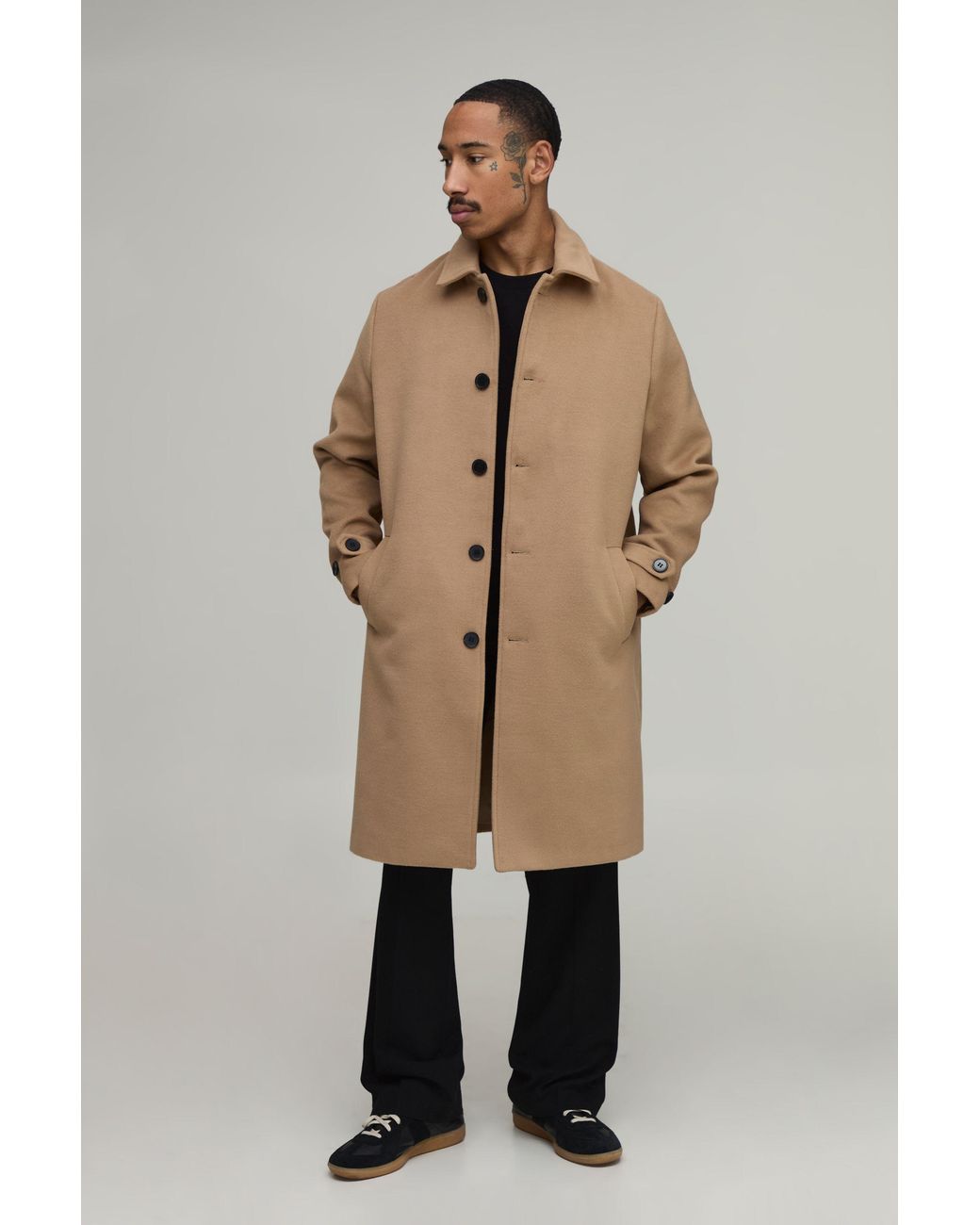 BoohooMAN Natural Plain Collared Overcoat for men