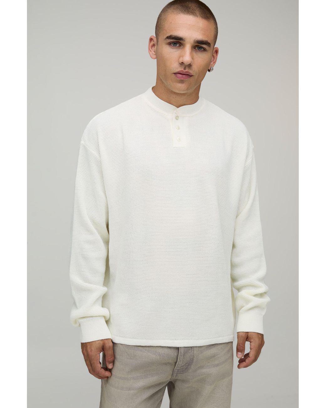 BoohooMAN White Essential Relaxed Fit Henley Waffle Knitted T-Shirt for men