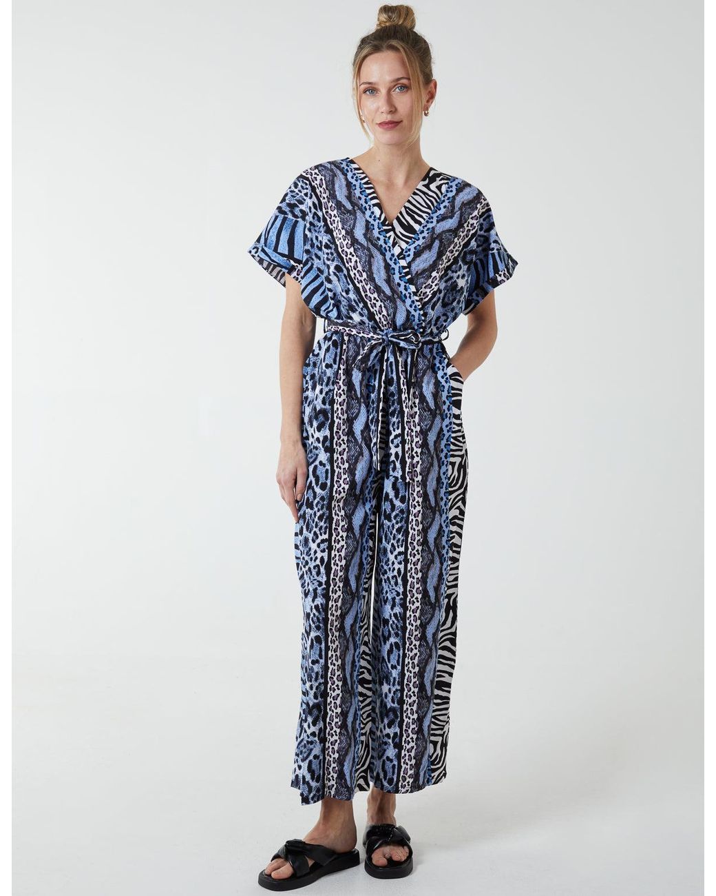 Blue Vanilla Blue Multi Stripe Animal Jumpsuit Viscose