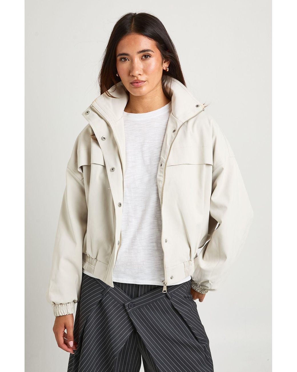 Boohoo White Funnel Neck Bomber Jacket