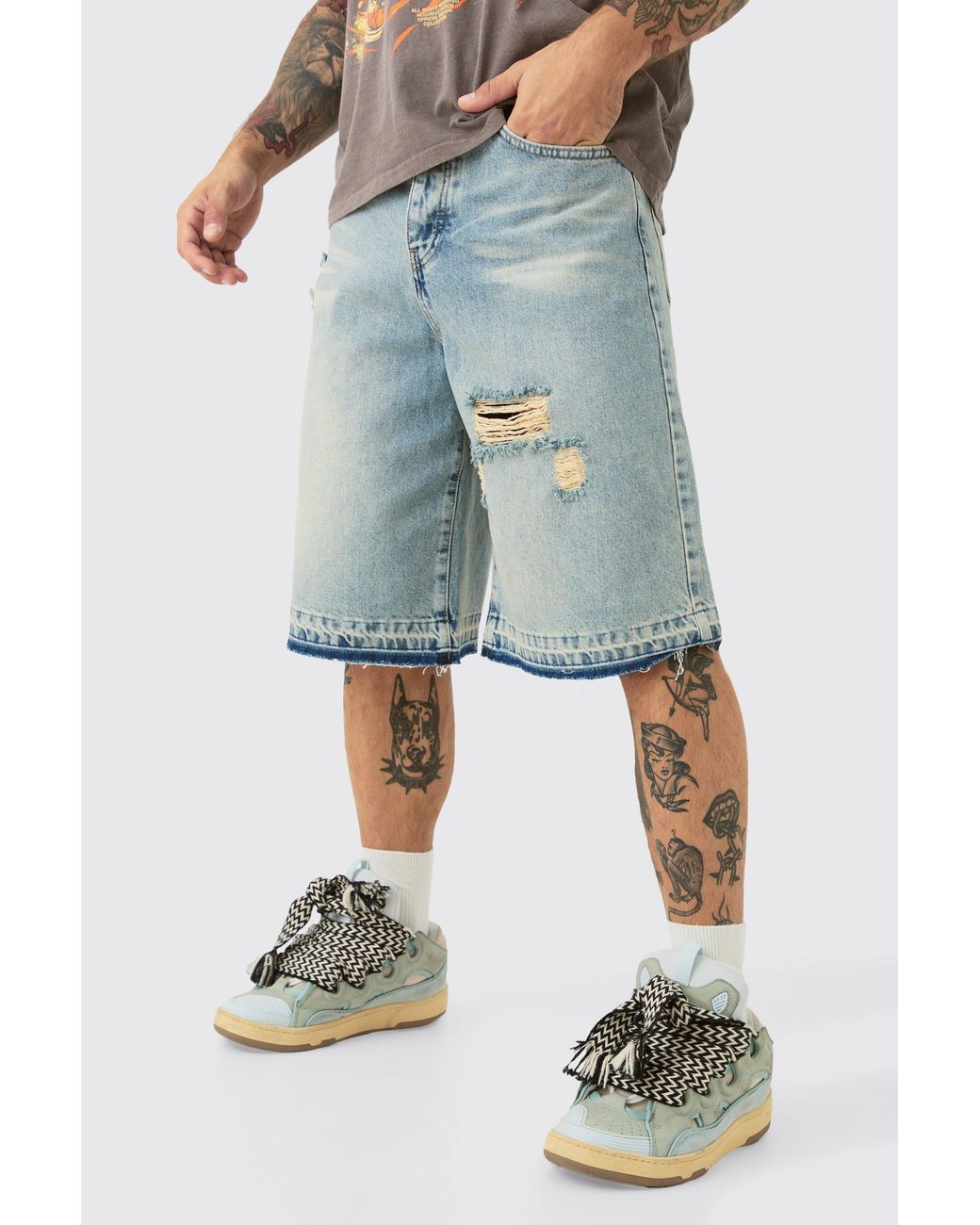 BoohooMAN Blue Ripped Denim Jorts for men